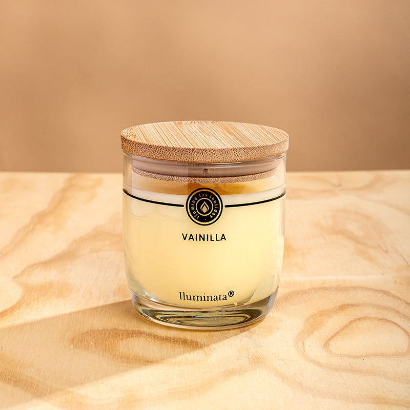 Vela vaso 33 vainilla tapa madera