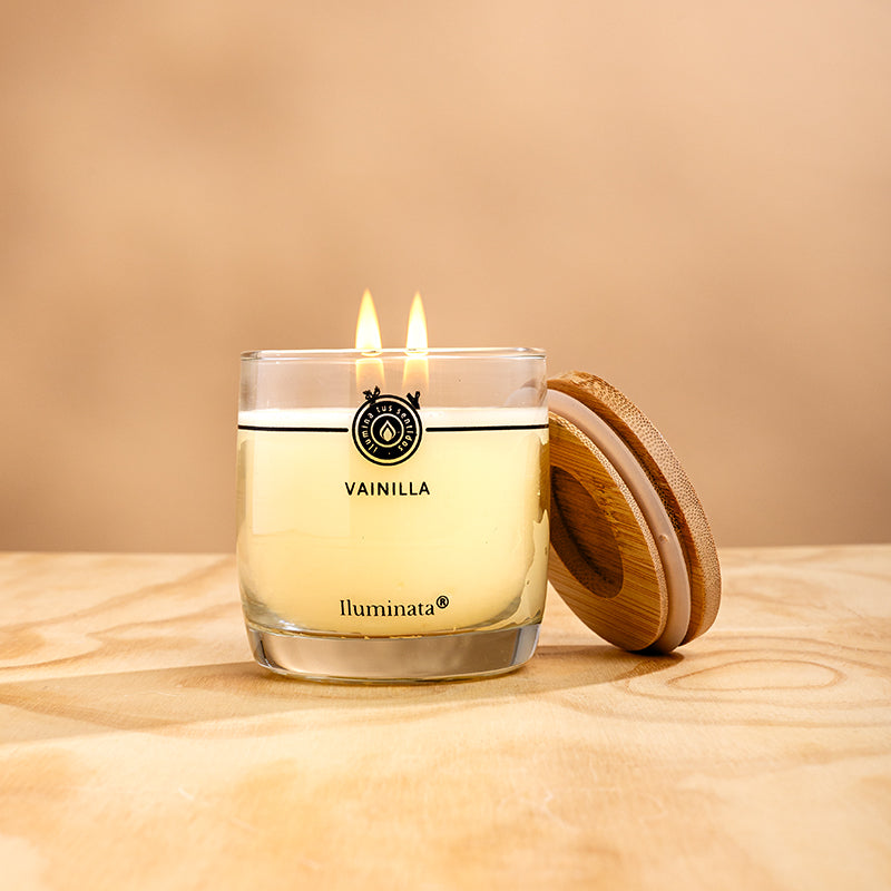 Vela vaso 33 vainilla tapa madera