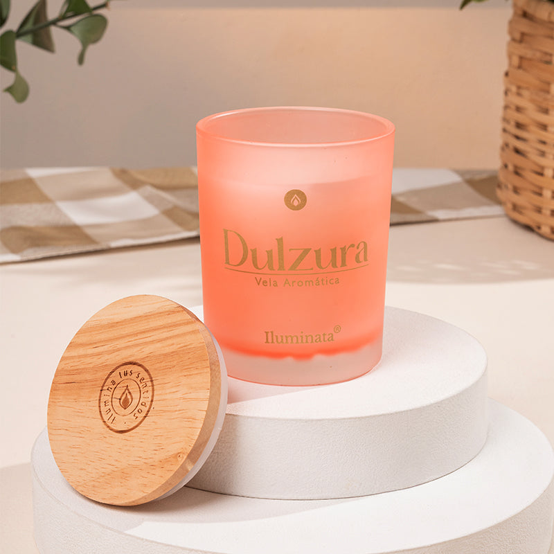 Vela vaso 34 ambrosía coral mensaje tapa madera