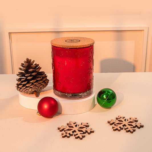 Vela en vaso copos de nieve rojo