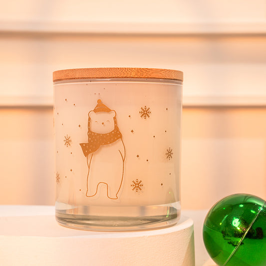 Vela vaso tapa madera con diseño osos dorados